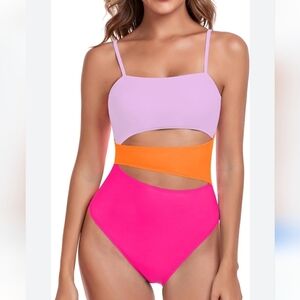 Relleciga Purple Pink Orange Neon Cutout One Piece Swimsuit